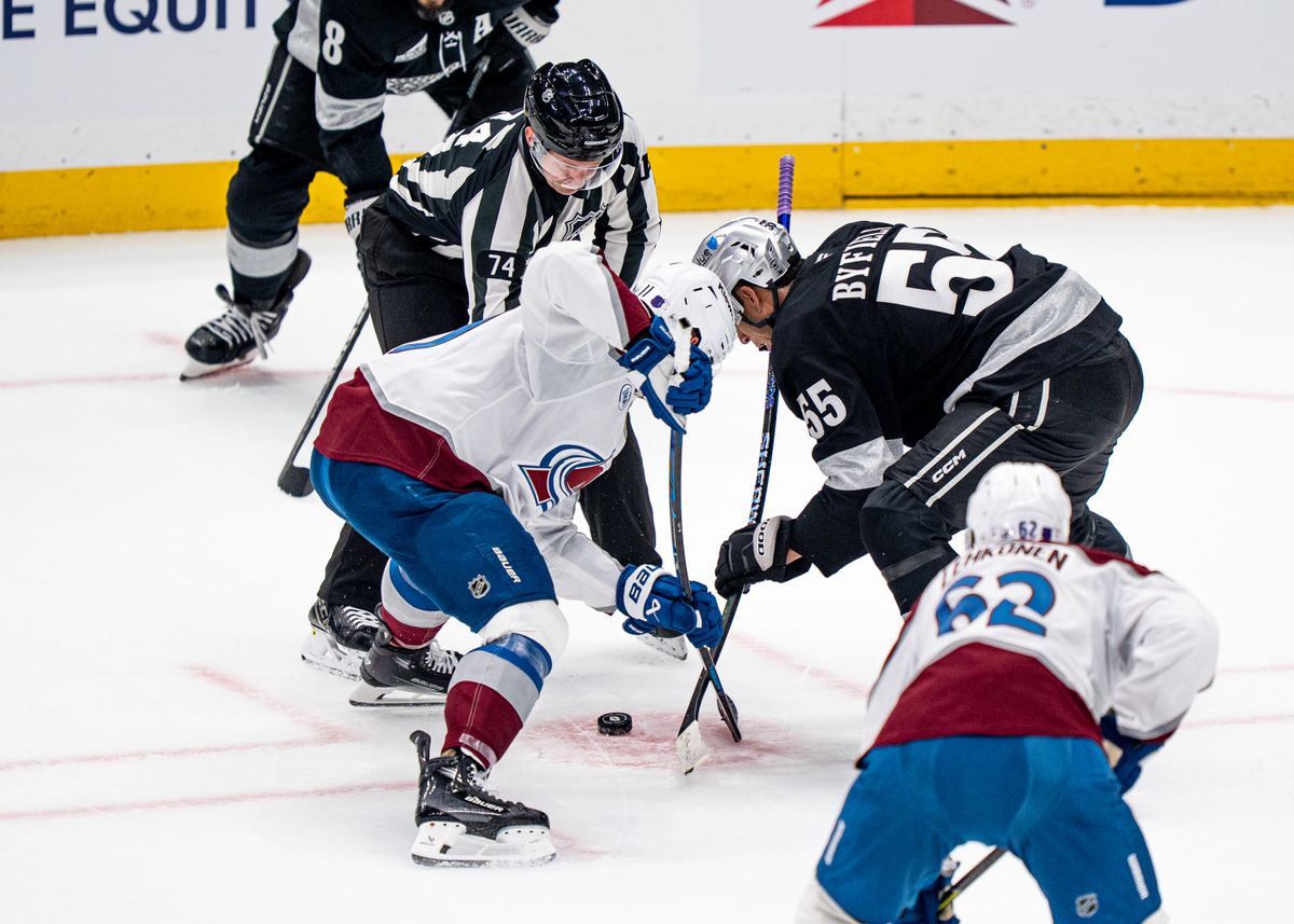 Los Angeles Kings right wing, Quinton Byfield 55, faces off against the Avalanche during an NHL hockey game against the Colorado Avalanche at Crypto.com Arena in Los Angeles on October 07, 2025