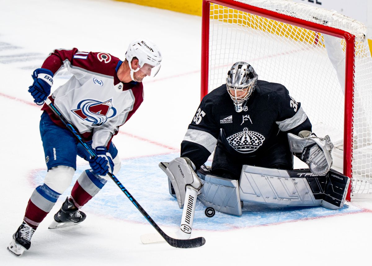 Los Angeles Kings goalie, Darcy Kuemper 35, stops a goal attempt by Avalanche Brock Nelson 11 during an NHL hockey game against the Colorado Avalanche at Crypto.com Arena in Los Angeles on October 07, 2025