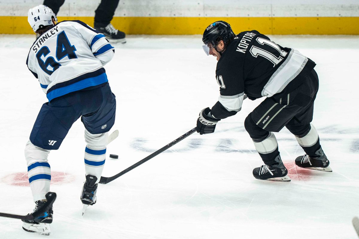 Los Angeles Kings forward, Anze Kopitar (11) races with the puck during an NHL hockey game between the Winnipeg Jets and Los Angeles Kings, Tuesday November 4, 2025 in Los Angeles. Los Angeles Kings forward, Anze Kopitar (11) races with the puck during an NHL hockey game between the Winnipeg Jets and Los Angeles Kings, Tuesday November 4, 2025 in Los Angeles.