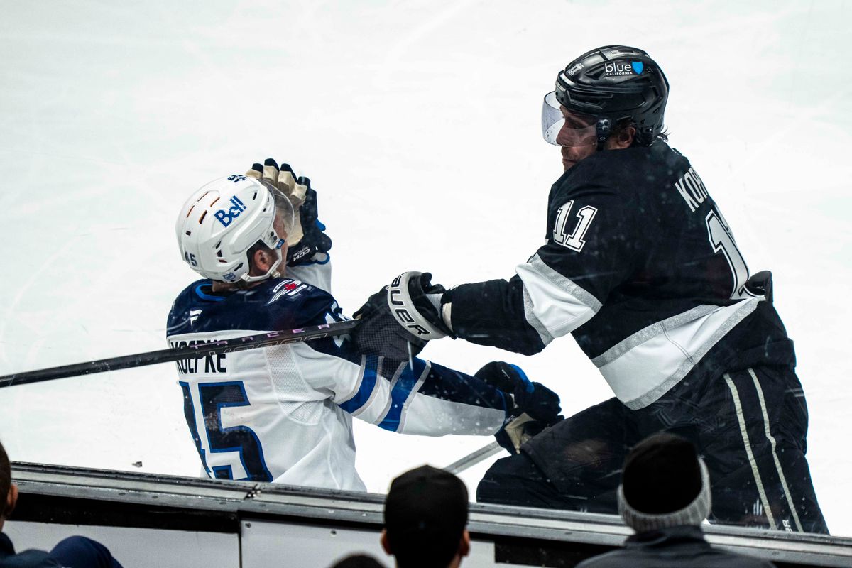 Los Angeles Kings forward, Anze Kopitar (11) fights off an opponent during an NHL hockey game between the Winnipeg Jets and Los Angeles Kings, Tuesday November 4, 2025 in Los Angeles. Los Angeles Kings forward, Anze Kopitar (11) fights off an opponent during an NHL hockey game between the Winnipeg Jets and Los Angeles Kings, Tuesday November 4, 2025 in Los Angeles.