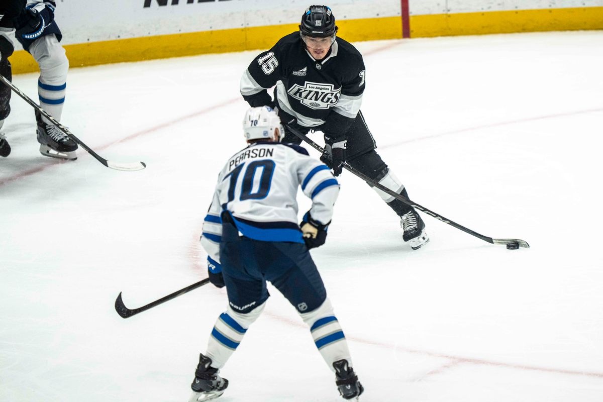 Los Angeles Kings forward, Alex Turcotte (15) challenges an opponent during an NHL hockey game between the Winnipeg Jets and Los Angeles Kings, Tuesday November 4, 2025 in Los Angeles. Los Angeles Kings forward, Alex Turcotte (15) challenges an opponent during an NHL hockey game between the Winnipeg Jets and Los Angeles Kings, Tuesday November 4, 2025 in Los Angeles.