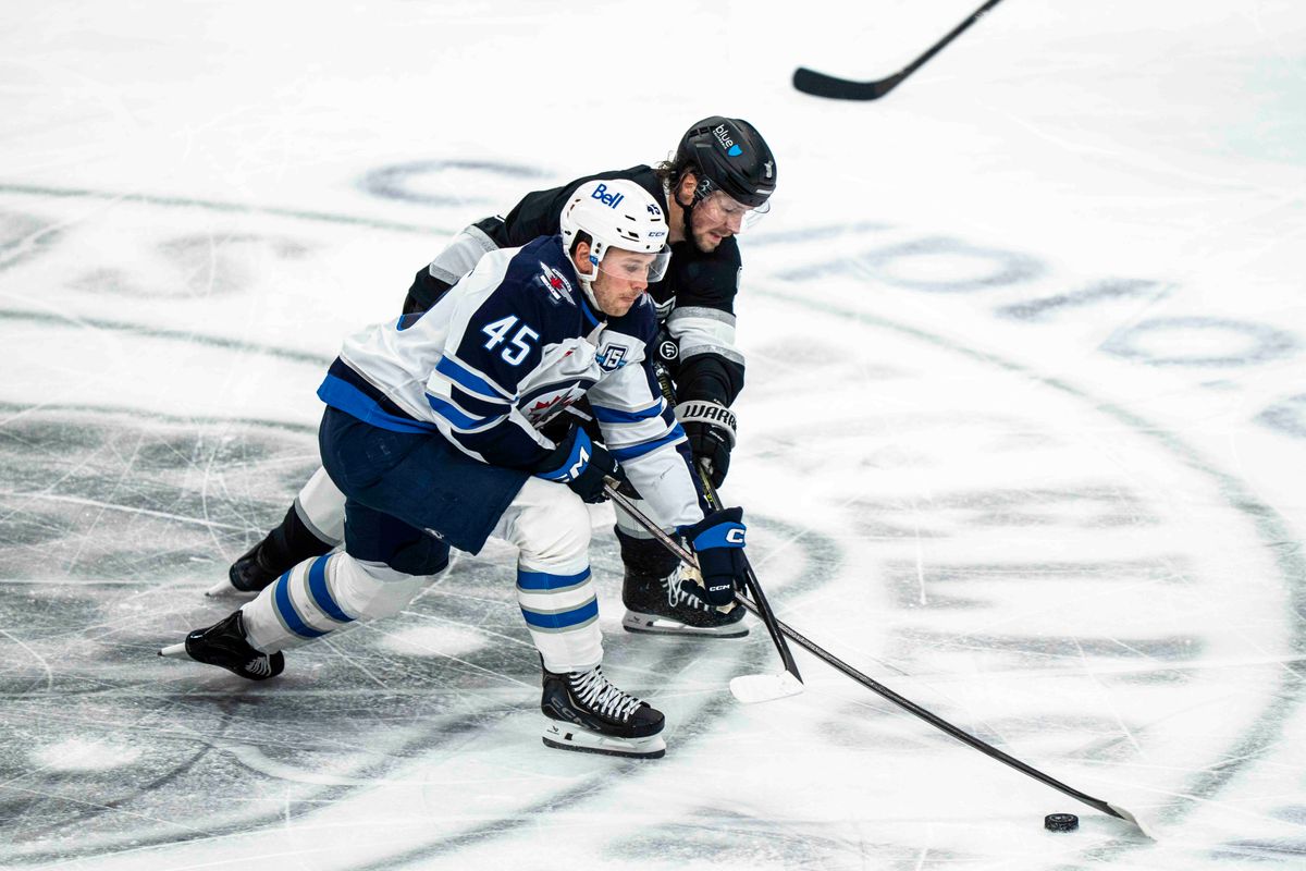 Los Angeles Kings forward, Adrian Kempe (9) battles for the puck during an NHL hockey game between the Winnipeg Jets and Los Angeles Kings, Tuesday November 4, 2025 in Los Angeles. Los Angeles Kings forward, Adrian Kempe (9) battles for the puck during an NHL hockey game between the Winnipeg Jets and Los Angeles Kings, Tuesday November 4, 2025 in Los Angeles.