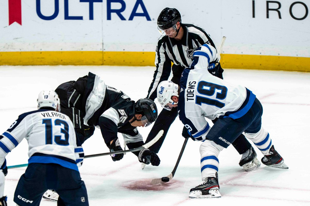 Los Angeles Kings forward, Quinton Byfield (55) falls on the puck before the end of the second period during an NHL hockey game between the Winnipeg Jets and Los Angeles Kings, Tuesday November 4, 2025 in Los Angeles. Los Angeles Kings forward, Quinton Byfield (55) falls on the puck before the end of the second period during an NHL hockey game between the Winnipeg Jets and Los Angeles Kings, Tuesday November 4, 2025 in Los Angeles.