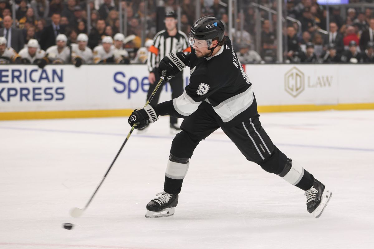 Right wing Adrian Kempe #9 of the Los Angeles Kings shoots the puck during an NHL hockey game against the Boston Bruins, Friday November 21, 2025 in Los Angeles, Calif.