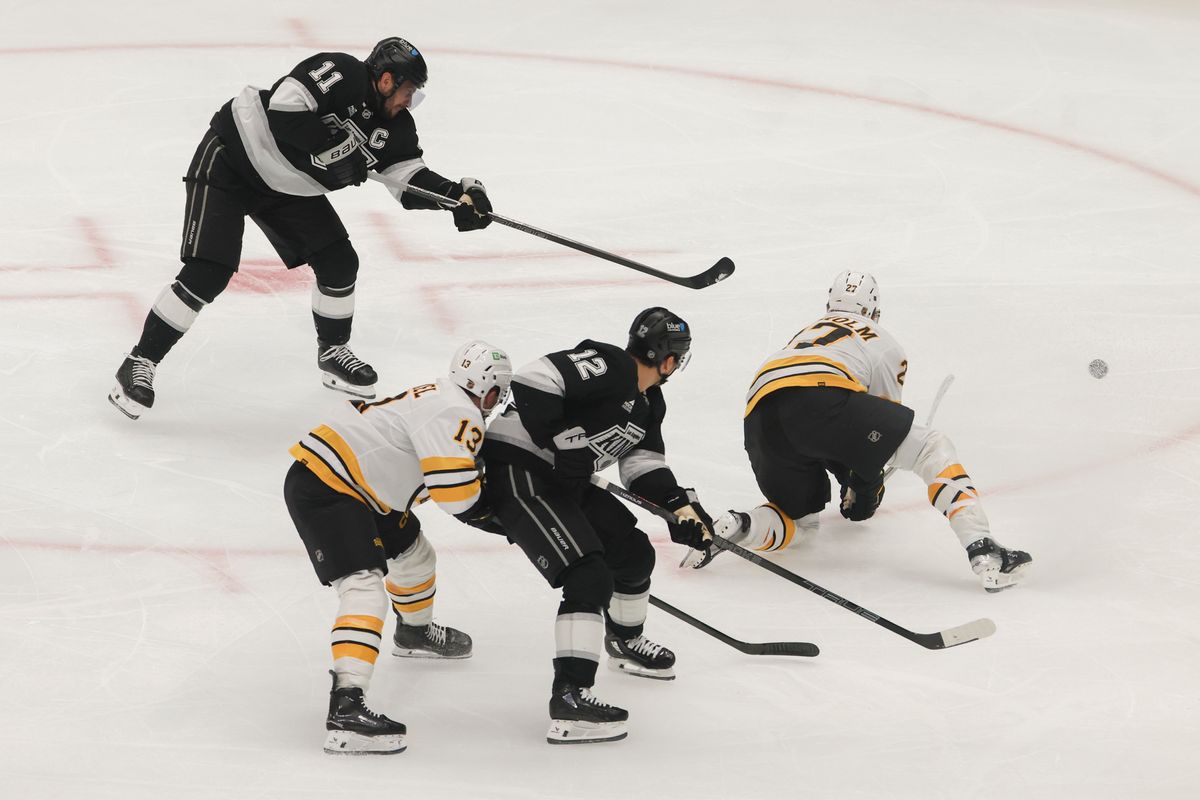 Center Anze Kopitar #11 of the Los Angeles Kings shoots the puck during an NHL hockey game against the Boston Bruins, Friday November 21, 2025 in Los Angeles, Calif.