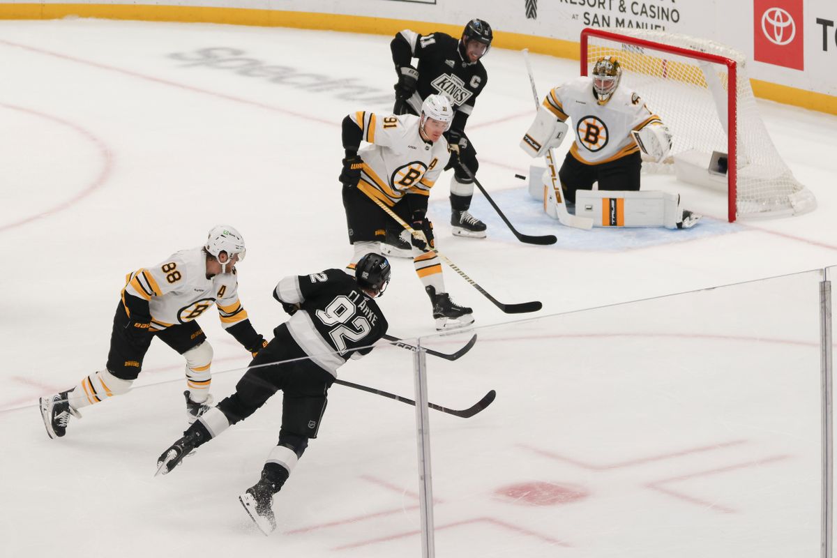 Defenseman Brandt Clarke #92 of the Los Angeles Kings shoots the puck as time expired during an NHL hockey game against the Boston Bruins, Friday November 21, 2025 in Los Angeles, Calif.
