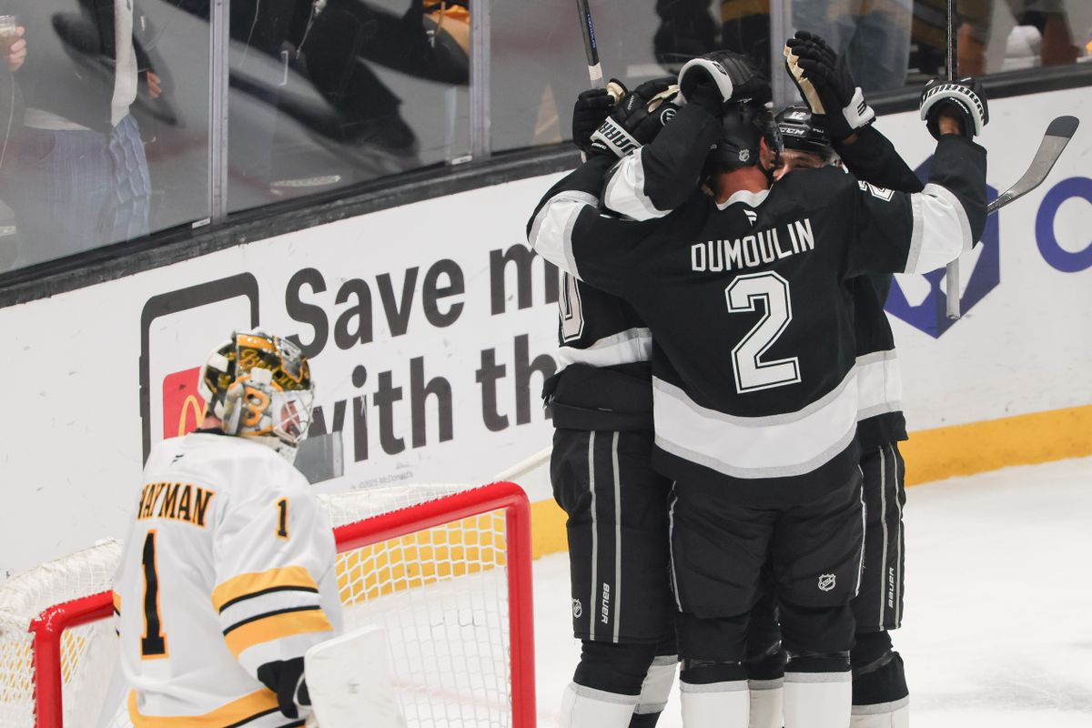 The Los Angeles Kings celebrate the game tying goal late in the third period during an NHL hockey game against the Boston Bruins, Friday November 21, 2025 in Los Angeles, Calif.