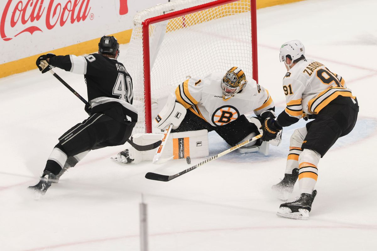 Goaltender Jeremy Swagman #1 of the Boston Bruins makes a save to keep the score tied during an NHL hockey game against the Los Angeles Kings, Friday November 21, 2025 in Los Angeles, Calif.