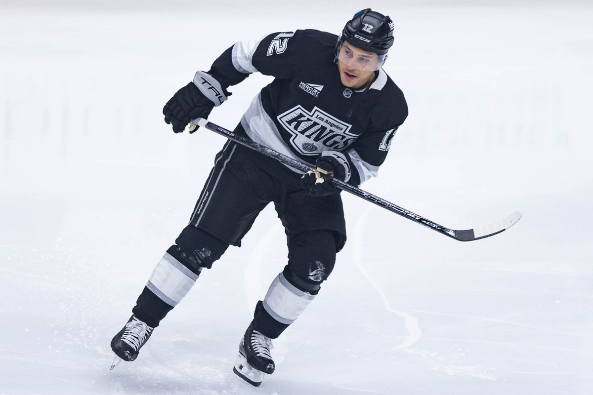 Los Angeles Kings Left Wing Trevor Moore (12) skates down the ice before an NHL game against the Ottawa Senators on November 24, 2025 in Los Angeles, Calif.