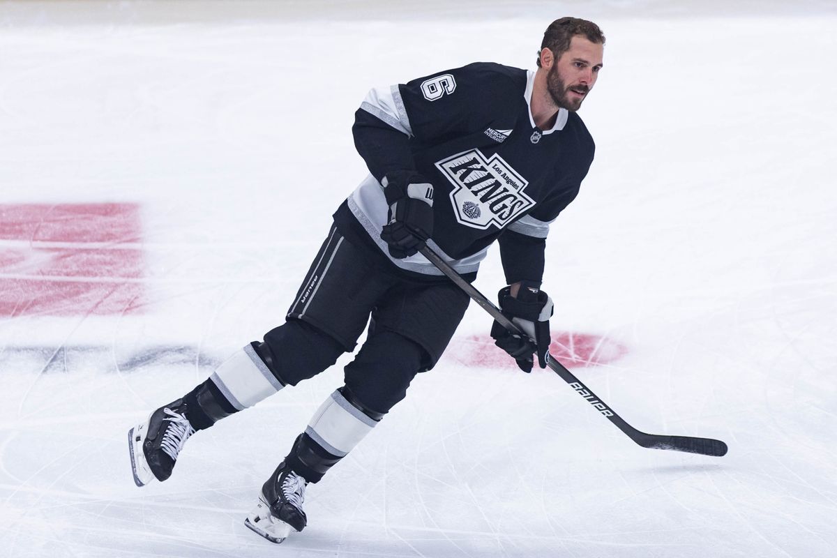 Los Angeles Kings defense Joel Edmunson (6) skates down the ice before an NHL game against the Ottawa Senators on November 24, 2025 in Los Angeles, Calif.