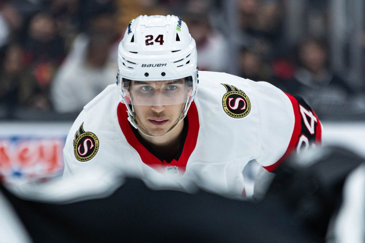 Ottawa Senators center Dylan Cozens (24) waits for the puck to drop during an NHL game against the Los Angeles Kings on November 24, 2025 in Los Angeles, Calif.