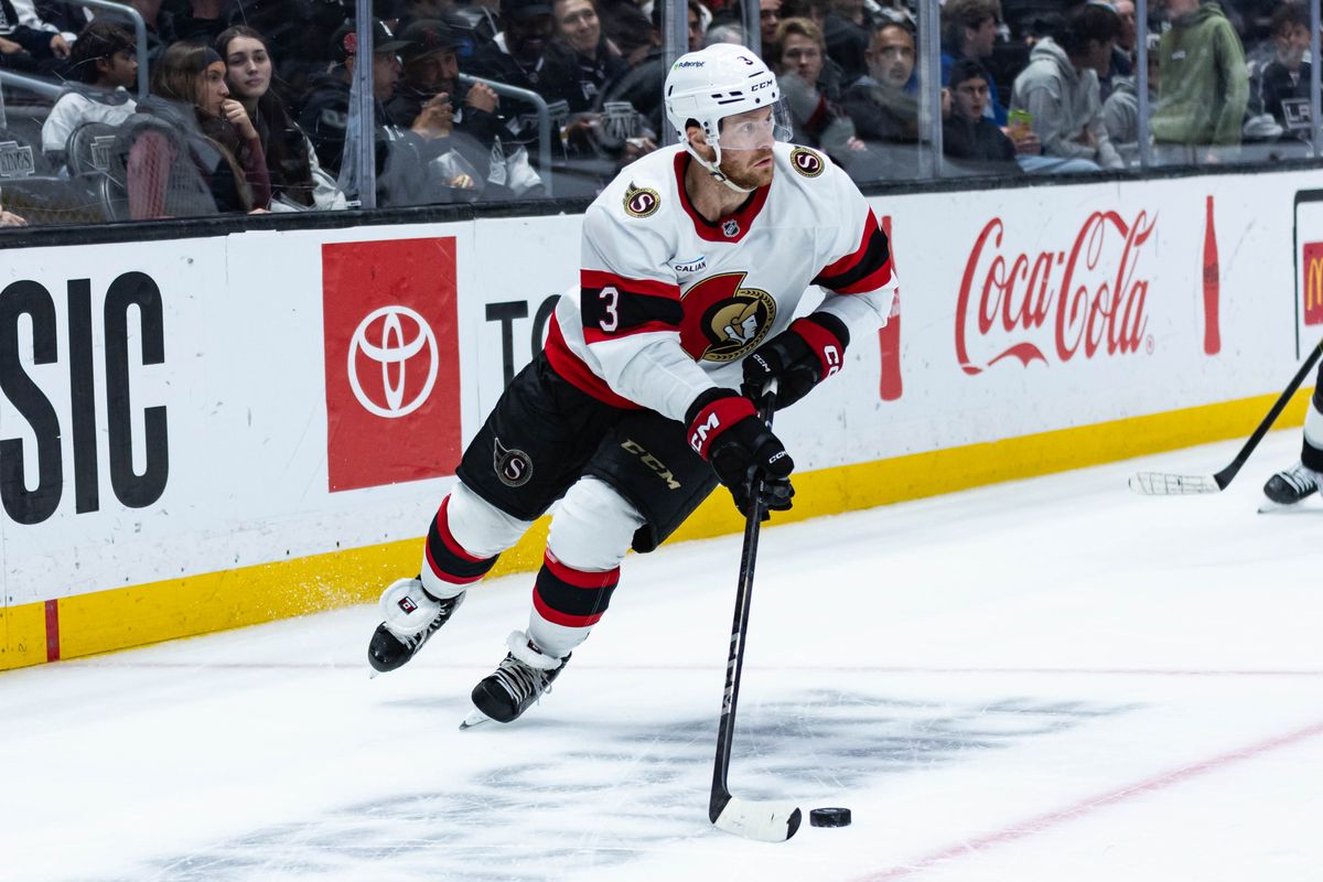 Ottawa Senators defense Nick Jensen (3) skates up with the puck during an NHL game against the Los Angeles Kings on November 24, 2025 in Los Angeles, Calif.