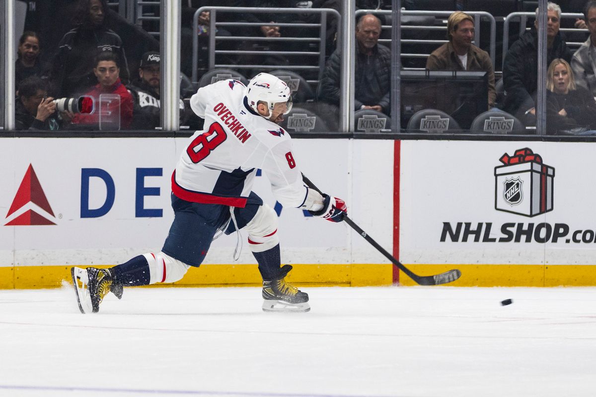 Left wing Alex Ovechkin #8 of the Washington Capitals shoots the puck during an NHL hockey game against the Los Angeles Kings, Tuesday December 2, 2025 in Los Angeles, Calif.