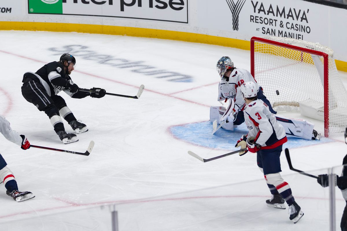 Right wing Adrian Kempe #9 of the Los Angeles Kings scores a goal during an NHL hockey game against the Washington Capitals, Tuesday December 2, 2025 in Los Angeles, Calif.