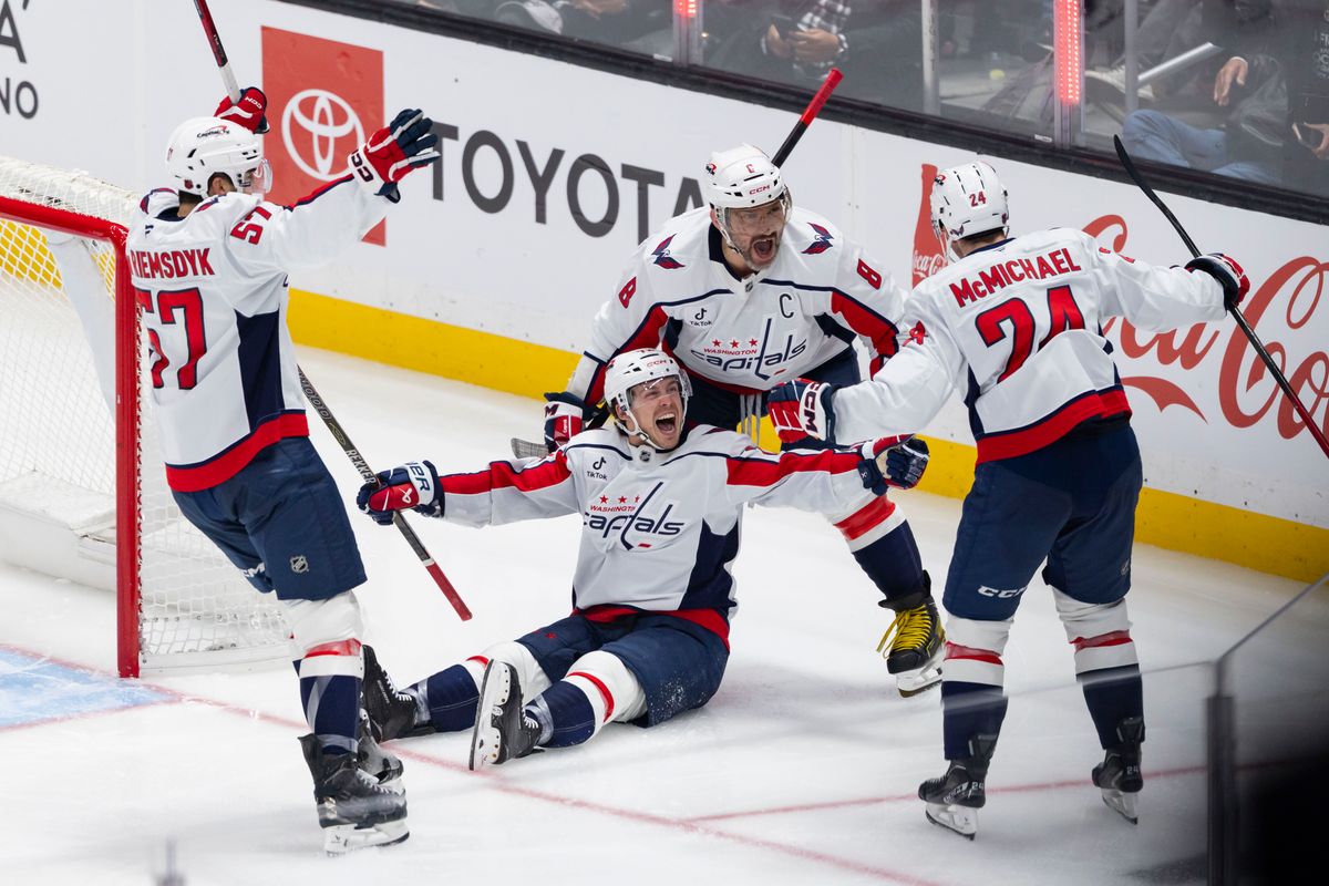 Left wing Anthony Beauvillier #72 of the Washington Capitals celebrates with his teammates after scoring the game winning goal during an NHL hockey game against the Los Angeles Kings, Tuesday December 2, 2025 in Los Angeles, Calif.