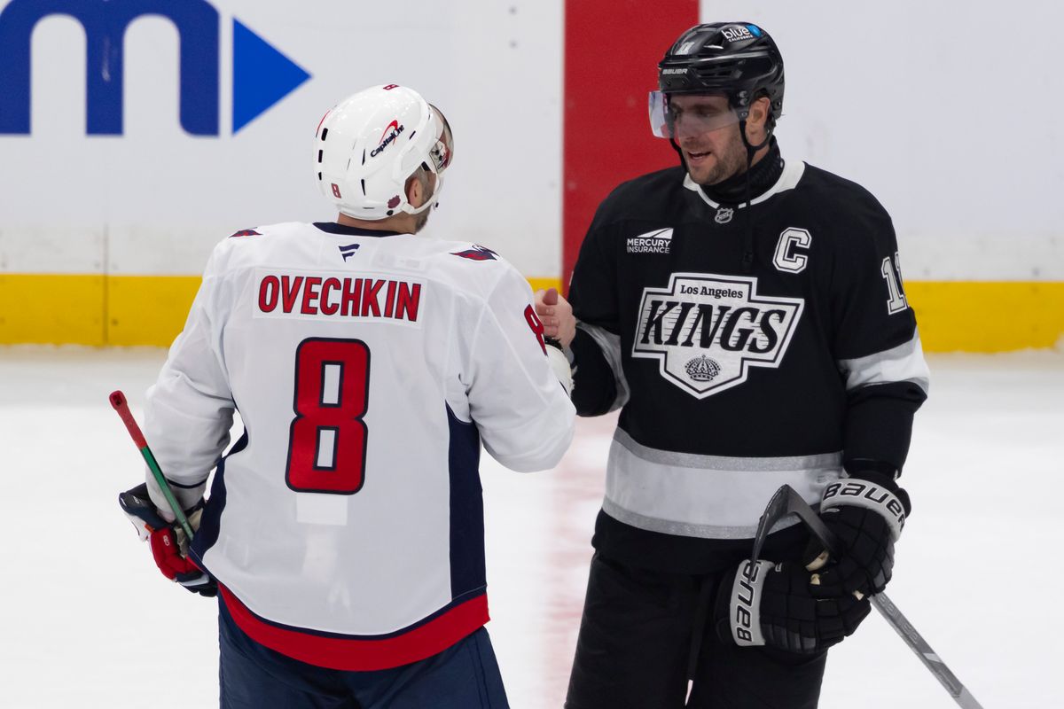 Left wing Alex Ovechkin #8 of the Washington Capitals and center Anze Kopitar #11 of the Los Angeles Kings shake hands on the ice after an NHL hockey game, Tuesday December 2, 2025 in Los Angeles, Calif.