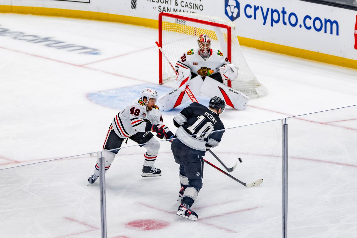 Right wing Corey Perry #10 of the Los Angeles Kings shoots the puck during an NHL hockey game against the Chicago Blackhawks, Thursday December 4, 2025 in Los Angeles, Calif. 