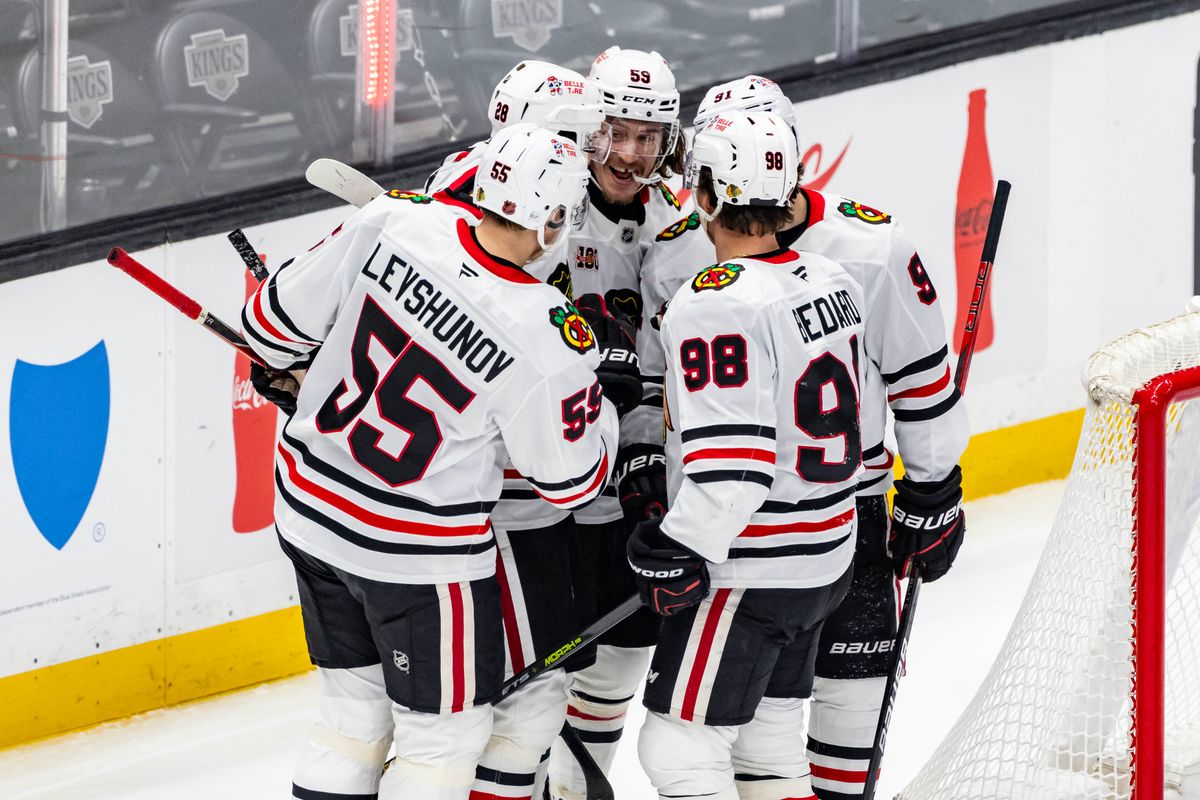 Center Connor Bedard #98 of the Chicago Blackhawks and his teammates celebrate a goal during an NHL hockey game against the Los Angeles Kings, Thursday December 4, 2025 in Los Angeles, Calif.