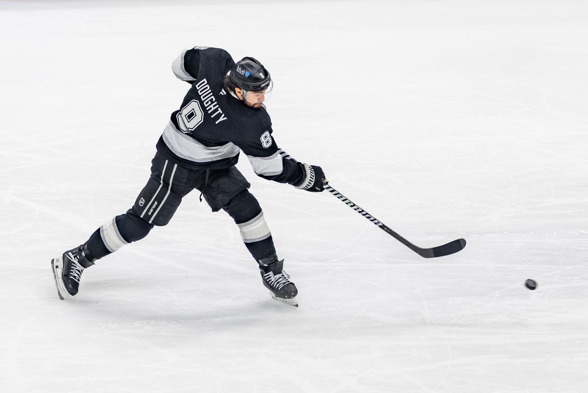 Defenseman Drew Doughty #8 of the Los Angeles Kings shoots the puck during an NHL hockey game against the Chicago Blackhawks, Thursday December 4, 2025 in Los Angeles, Calif.