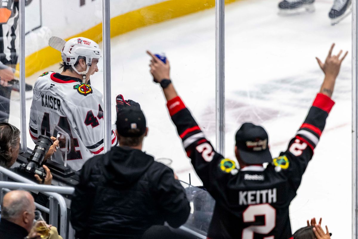 Defenseman Wyatt Kaiser #44 of the Chicago Blackhawks celebrates a goal as Blackhawks fans cheer during an NHL hockey game against the Los Angeles Kings, Thursday December 4, 2025 in Los Angeles, Calif.