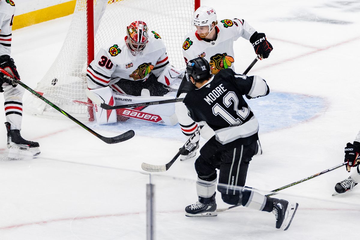 Left wing Trevor Moore #12 of the Los Angeles Kings scores a goal during an NHL hockey game against the Chicago Blackhawks, Thursday December 4, 2025 in Los Angeles, Calif.