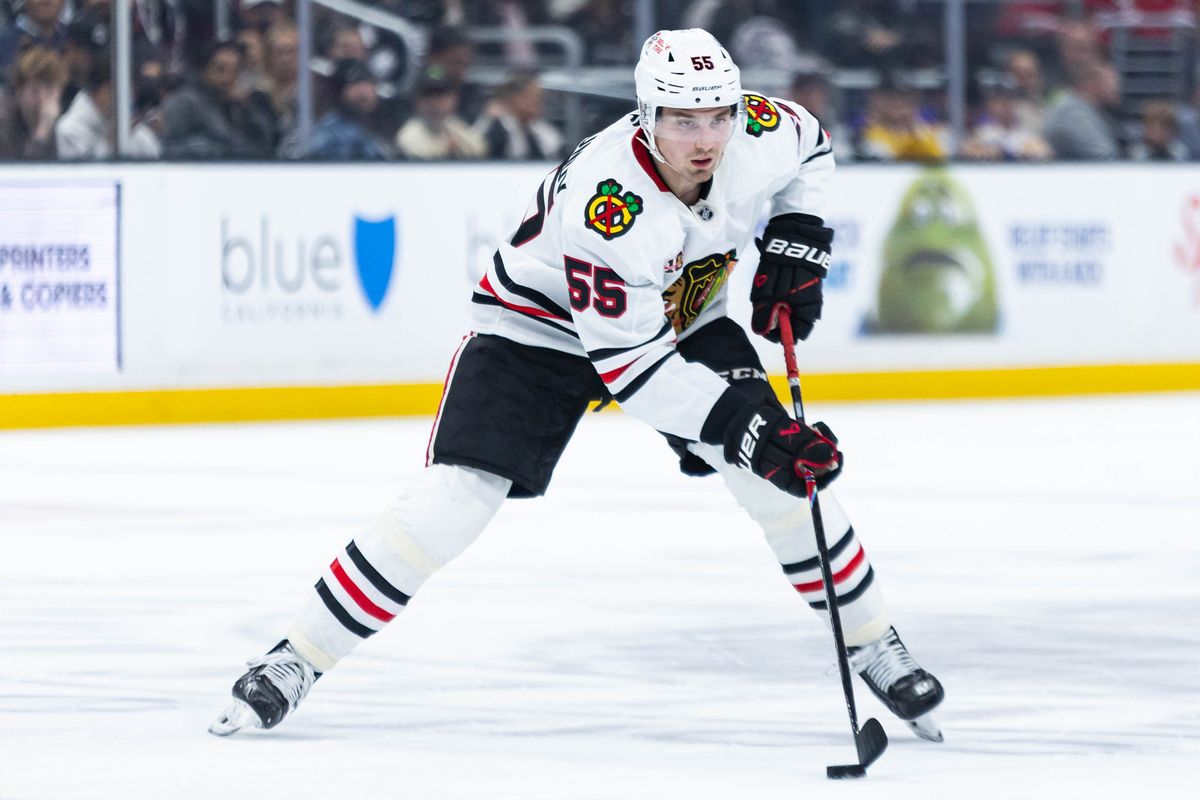 Chicago Blackhawks defense Artyom Levshunov (55) moves up the puck during an NHL game against the Los Angeles Kings on December 6, 2025 in Los Angeles, Calif.
