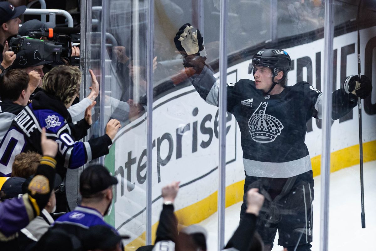 Los Angeles Kings defense Brandt Clarke (92) celebrates after scoring a goal during an NHL game against the Chicago Blackhawks on December 6, 2025 in Los Angeles, Calif.