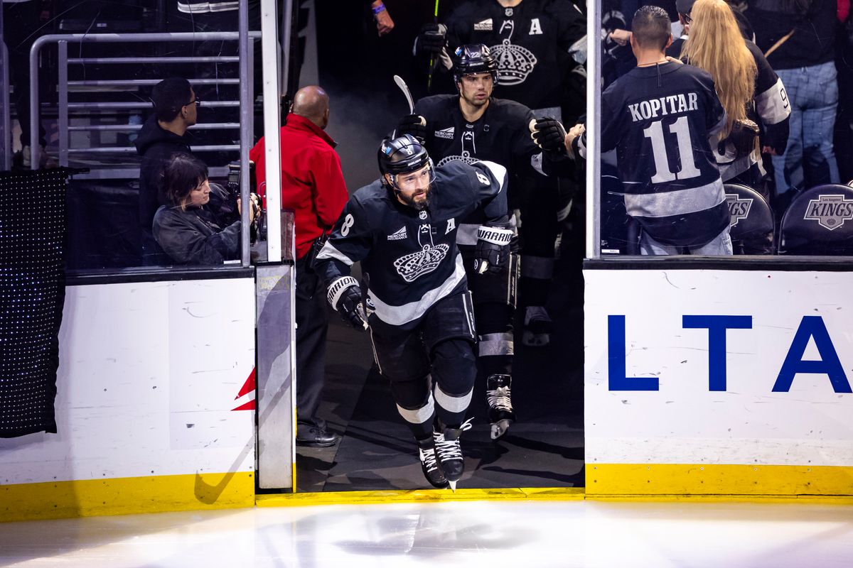 Defenseman Drew Doughty #8 of the Los Angeles Kings skates onto the ice before an NHL hockey game against the Calgary Flames, Saturday December 13, 2025 in Los Angeles, Calif.