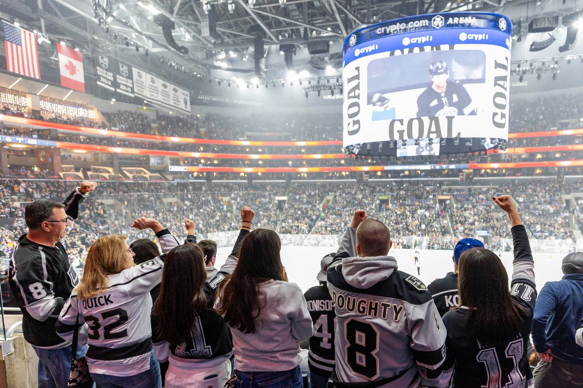 Los Angeles Kings fans celebrate a goal during an NHL hockey game between the Los Angeles Kings and Calgary Flames, Saturday December 13, 2025 in Los Angeles, Calif.