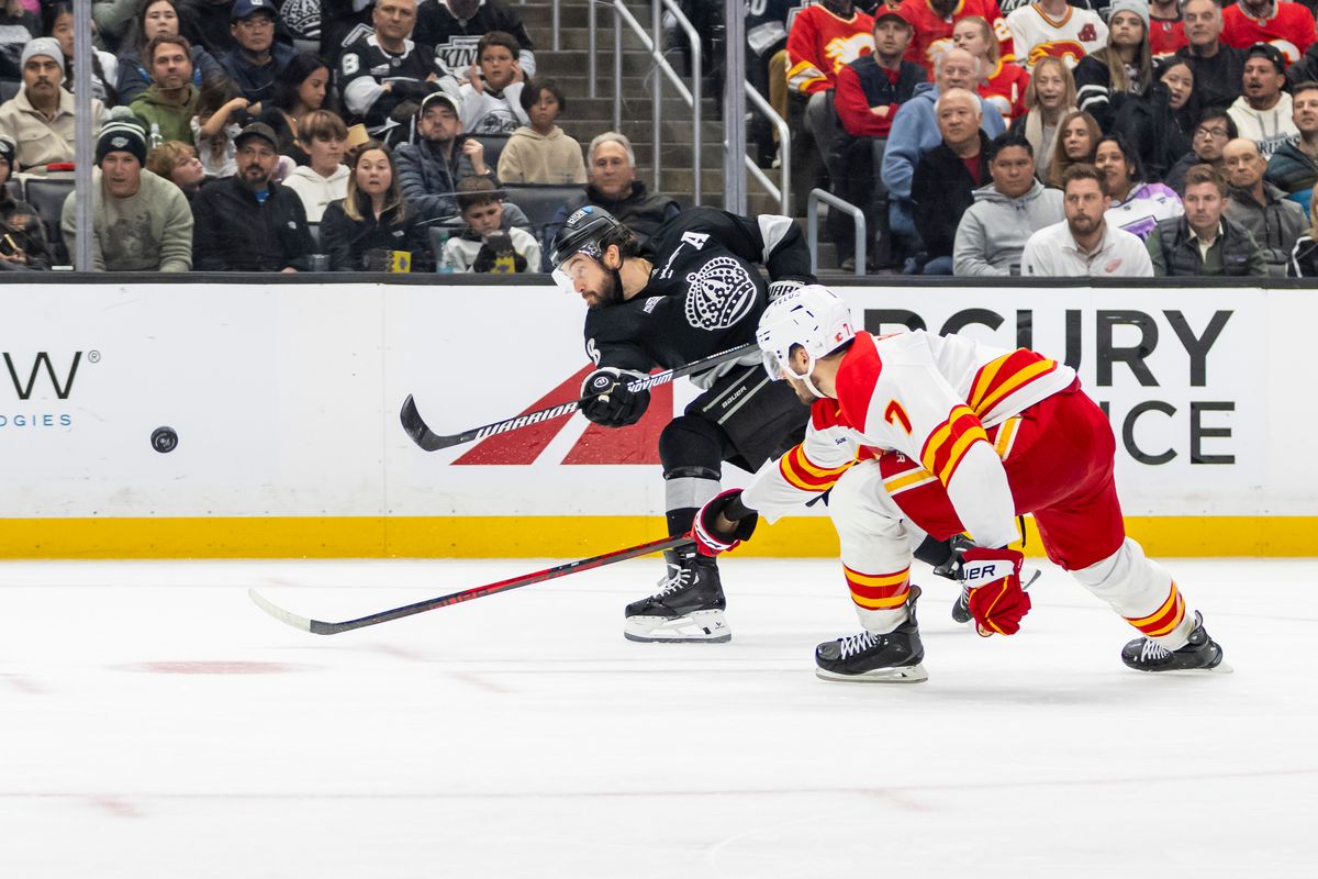 Defenseman Drew Doughty #8 of the Los Angeles Kings shoots the puck during an NHL hockey game against the Calgary Flames, Saturday December 13, 2025 in Los Angeles, Calif.