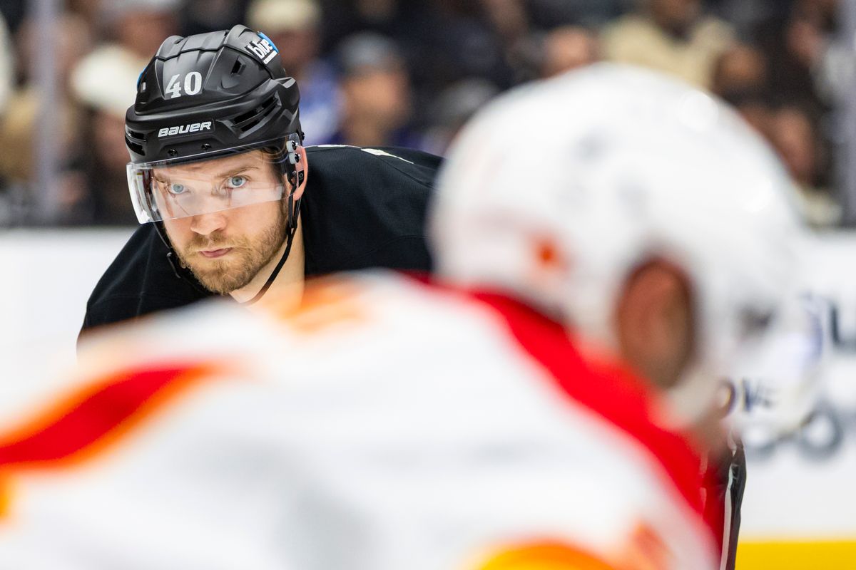 Right wing Joel Armia #40 of the Los Angeles Kings prepares for a face-off in the offensive zone during an NHL hockey game against the Calgary Flames, Saturday December 13, 2025 in Los Angeles, Calif.
