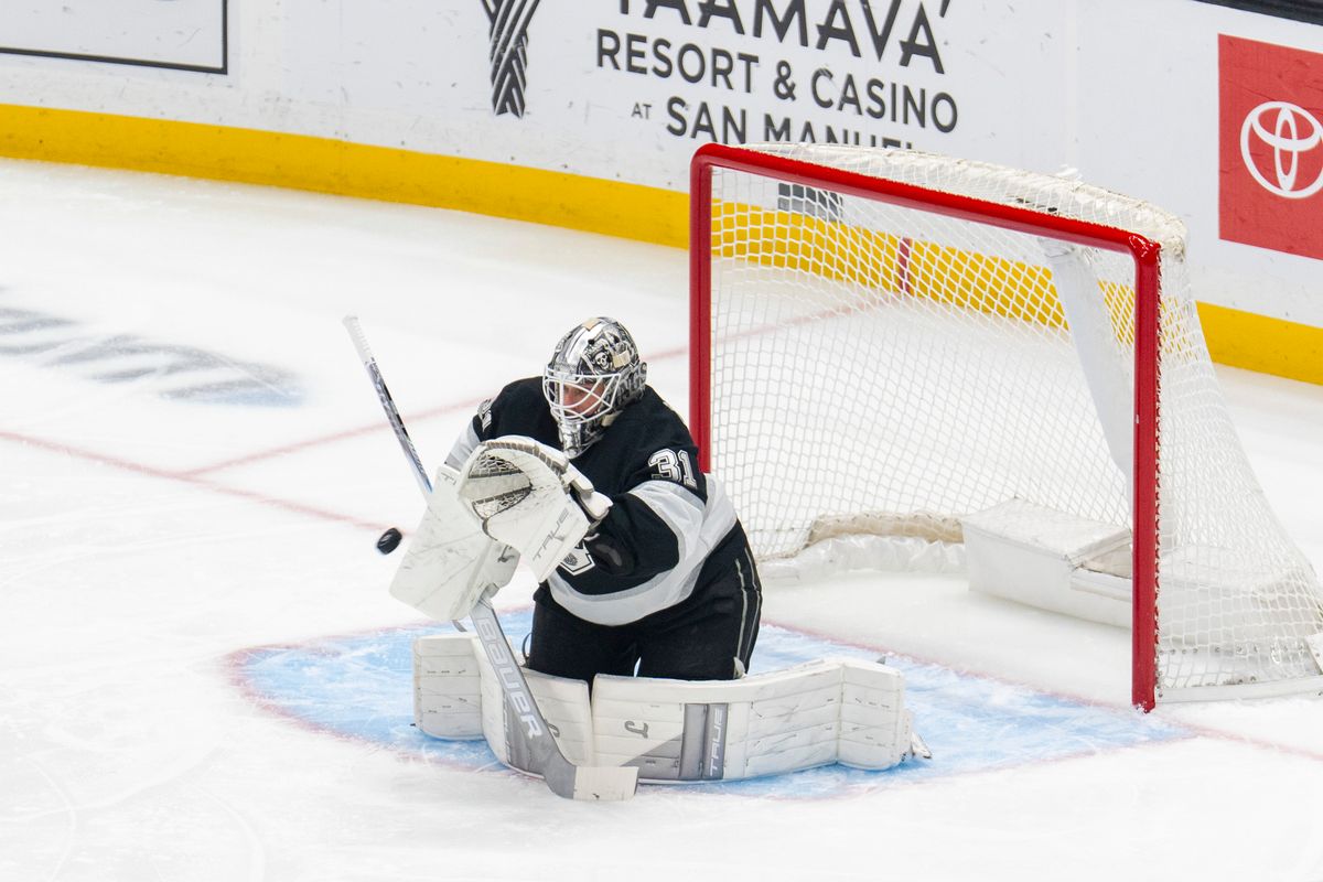 Los Angeles Kings goalie Anton Forsberg (31) gets a save during an NHL game against the Columbus Blue Jackets, Monday December 22nd, 2025 in Los Angeles, California. 