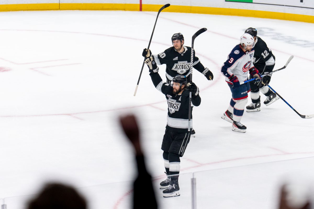 Los Angeles Kings D Drew Doughty (8) celebrates a Kings goal during an NHL game against the Columbus Blue Jackets, Monday December 22nd, 2025 in Los Angeles, California. 