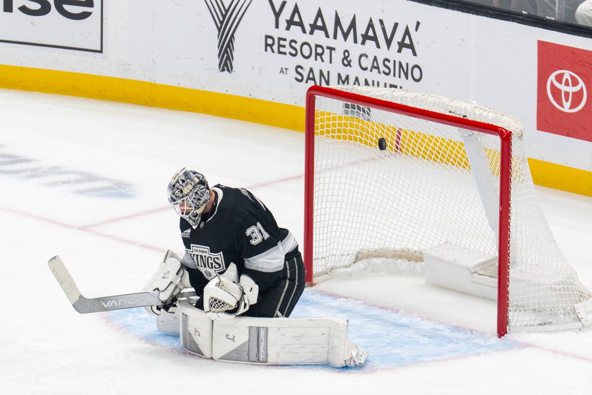 Los Angeles Kings goalie Anton Forsberg (31) allows a goal during an NHL game against the Columbus Blue Jackets, Monday December 22nd, 2025 in Los Angeles, California. 
