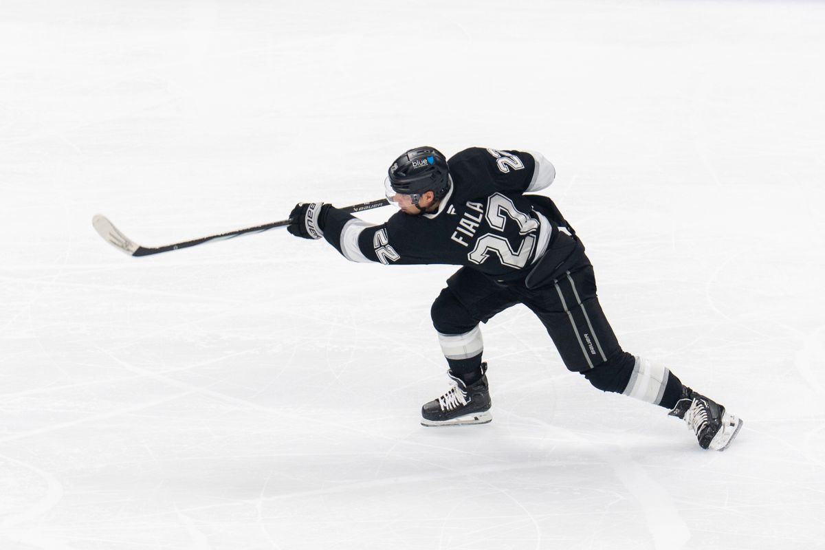 Los Angeles Kings LW Kevin Fiala (22) takes a shot on goal during an NHL game against the Columbus Blue Jackets, Monday December 22nd, 2025 in Los Angeles, California. 