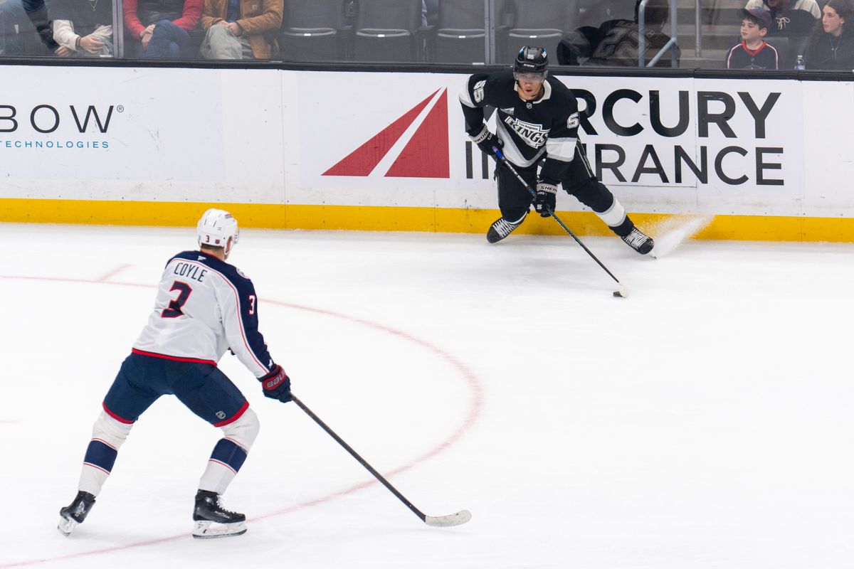 Los Angeles Kings RW Quinton Byfield (55) squares up the defense during an NHL game against the Columbus Blue Jackets, Monday December 22nd, 2025 in Los Angeles, California. 