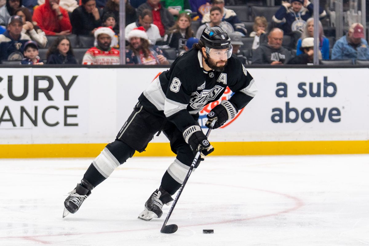 Los Angeles Kings D Drew Doughty (8) takes control of the puck during an NHL game against the Columbus Blue Jackets, Monday December 22nd, 2025 in Los Angeles, California. 