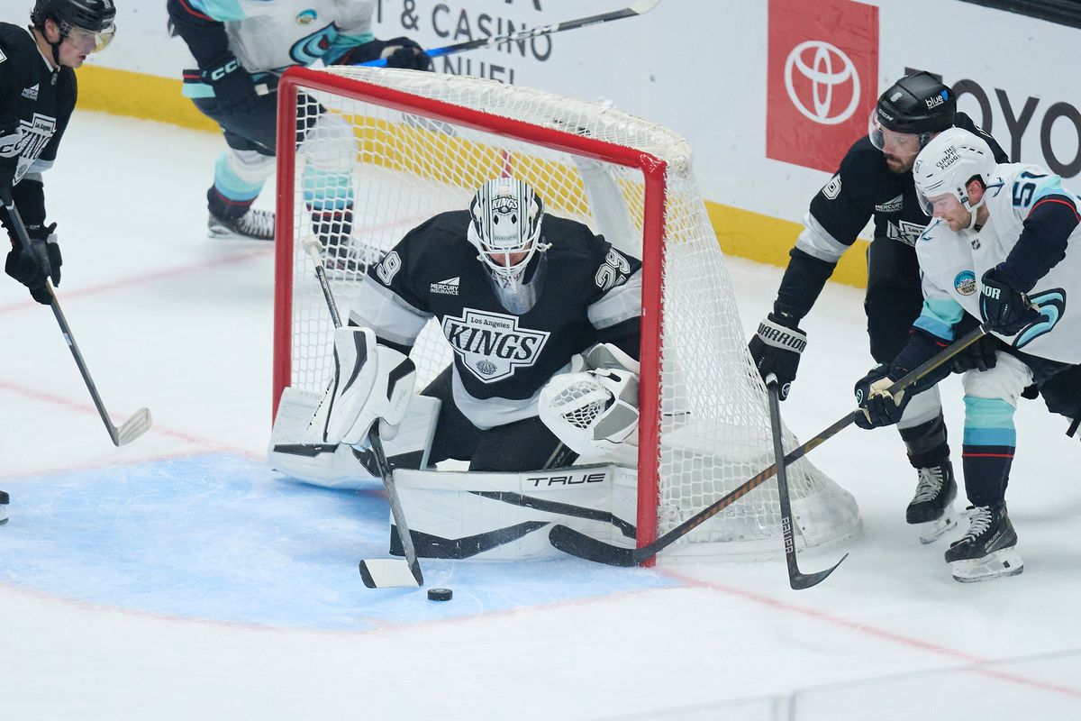 Los Angeles Kings goaltender Pheonix Copley (29) blocks a goal attempt against the Kraken at the crypto.com Arena on December 23,2025 in Los Angeles, California.