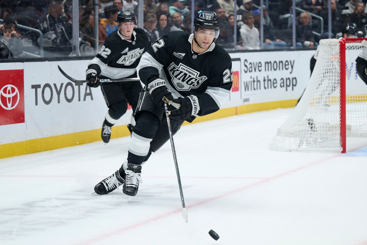 Los Angeles Kings left wing Kevin Fiala (22) skates with the pucks against the Kraken at the crypto.com Arena on December 23,2025 in Los Angeles, California.