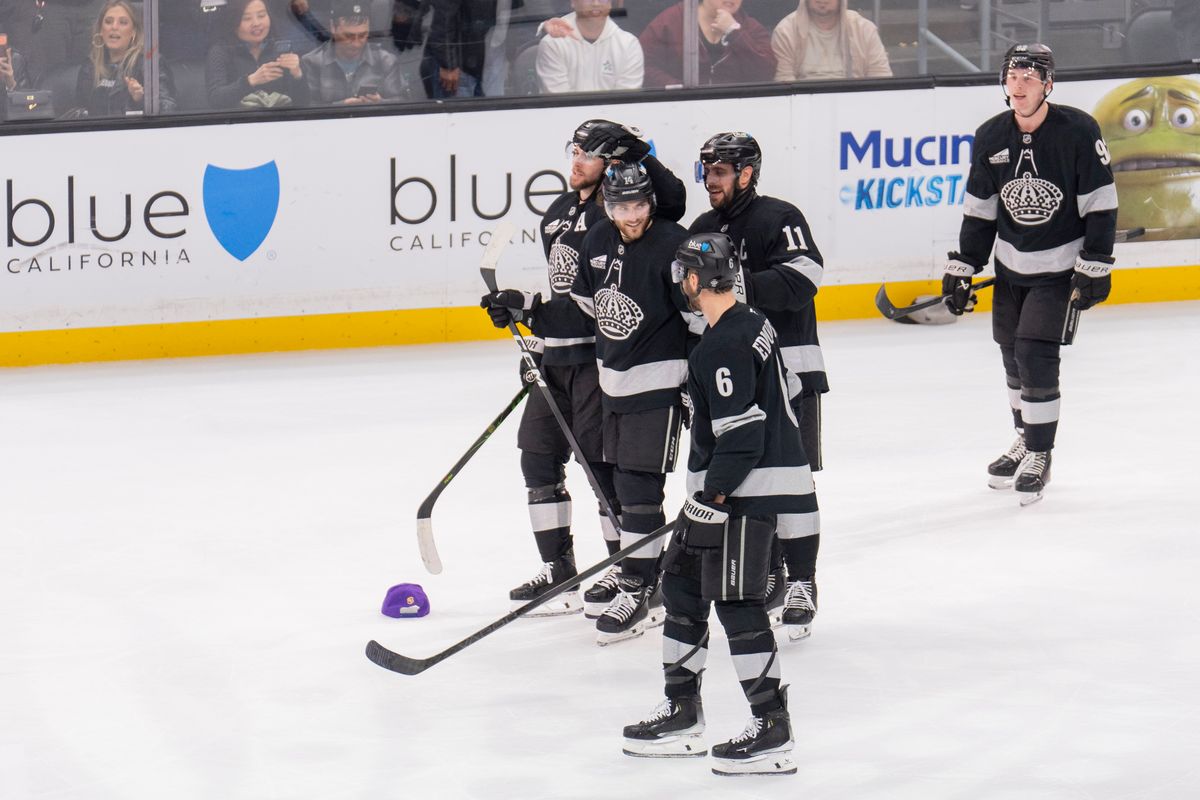Los Angeles Kings celebrate the hat trick by Alex Laferriere (14) during an NHL game against the Anaheim Ducks, Saturday December 27th, 2025 in Los Angeles, California. 