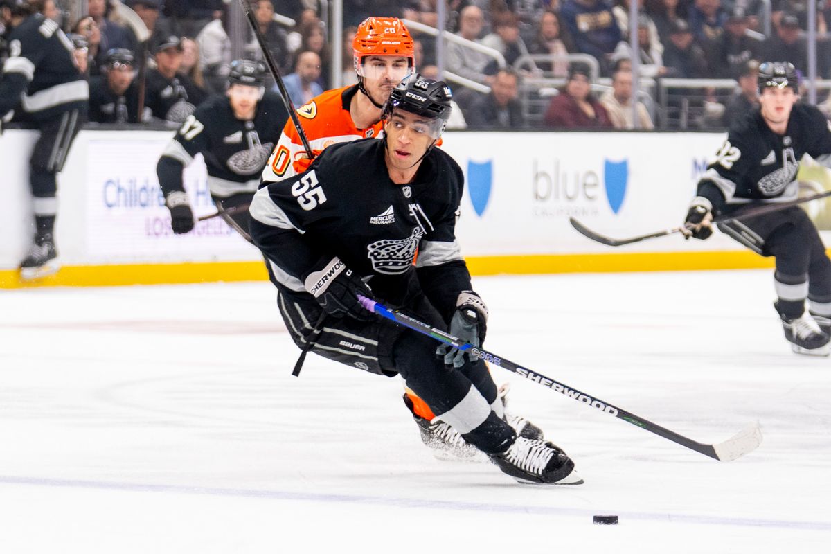 Los Angeles Kings RW Quinton Byfield (55) steals the puck during an NHL game against the Anaheim Ducks, Saturday December 27th, 2025 in Los Angeles, California.