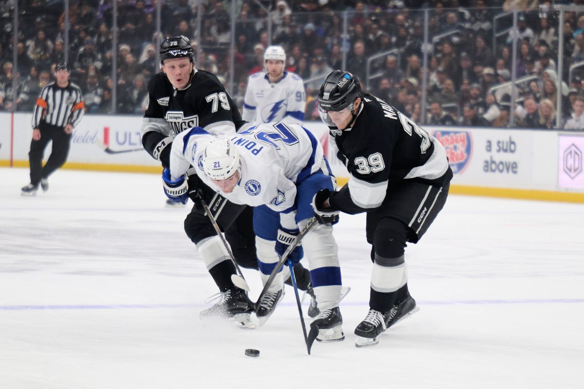 Los Angeles Kings left wing Jeff Malott (30) takes the puck against the Lightning at the Crypto Arena on January 1st, 2026 in Los Angeles  California.