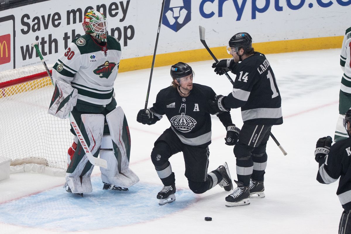 Los Angeles Kings Right Wing Adrian Kempe (9)starts to celebrate after scoring the first goal of the game in a NHL game against the Minnesota Wild at Crypto.com Arena on January 3rd, 2026 in Los Angeles California. Los Angeles Kings Right Wing Adrian Kempe (9)starts to celebrate after scoring the first goal of the game in a NHL game against the Minnesota Wild at Crypto.com Arena on January 3rd, 2026 in Los Angeles California.