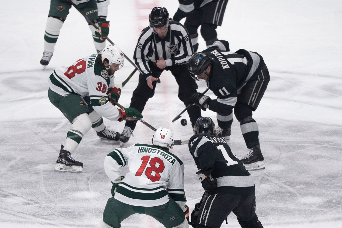 Los Angeles Kings Center Anze Kopitar (11) has a face off in the middle of the ice in a NHL game against the Minnesota Wild at Crypto.com Arena on January 3rd, 2026 in Los Angeles California. Los Angeles Kings Center Anze Kopitar (11) has a face off in the middle of the ice in a NHL game against the Minnesota Wild at Crypto.com Arena on January 3rd, 2026 in Los Angeles California.