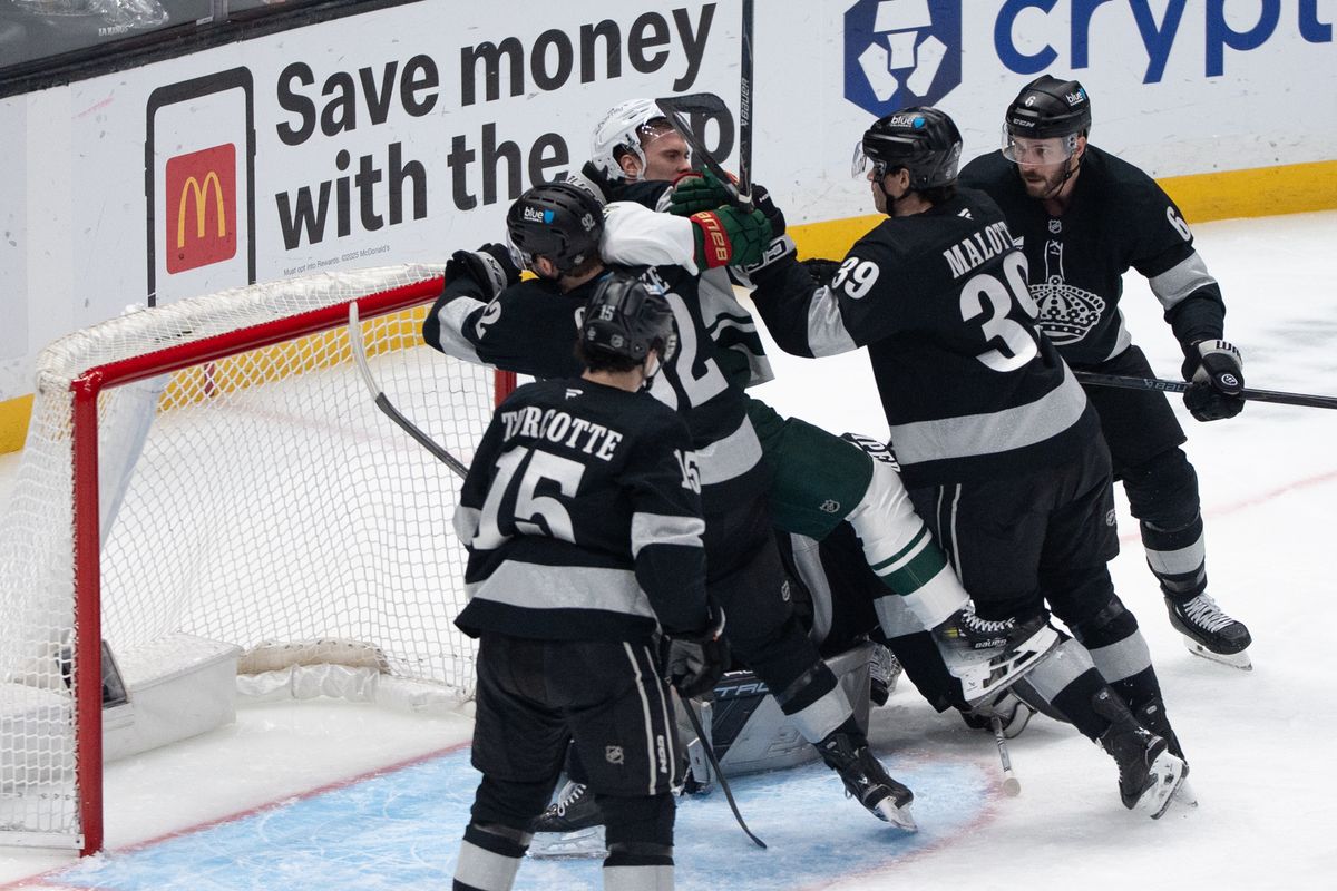 Los Angeles Kings players get into a scuffle after attempting to score a goal in a NHL game against the Minnesota Wild at Crypto.com Arena on January 3rd, 2026 in Los Angeles California. Los Angeles Kings players get into a scuffle after attempting to score a goal in a NHL game against the Minnesota Wild at Crypto.com Arena on January 3rd, 2026 in Los Angeles California.