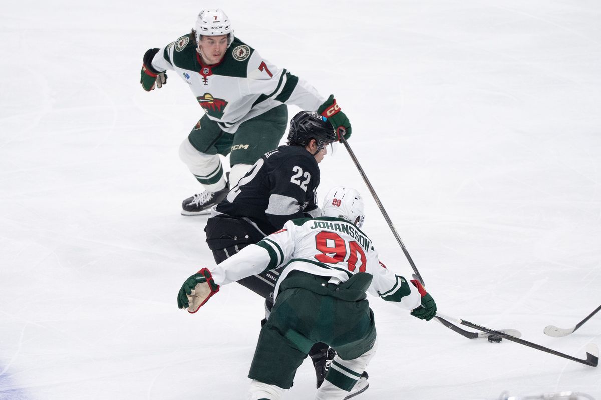 Los Angeles Kings Left Wing Kevin Fiala (22) splits between two defenders to try and score in a NHL game against the Minnesota Wild at Crypto.com Arena on January 3rd, 2026 in Los Angeles California. Los Angeles Kings Left Wing Kevin Fiala (22) splits between two defenders to try and score in a NHL game against the Minnesota Wild at Crypto.com Arena on January 3rd, 2026 in Los Angeles California.