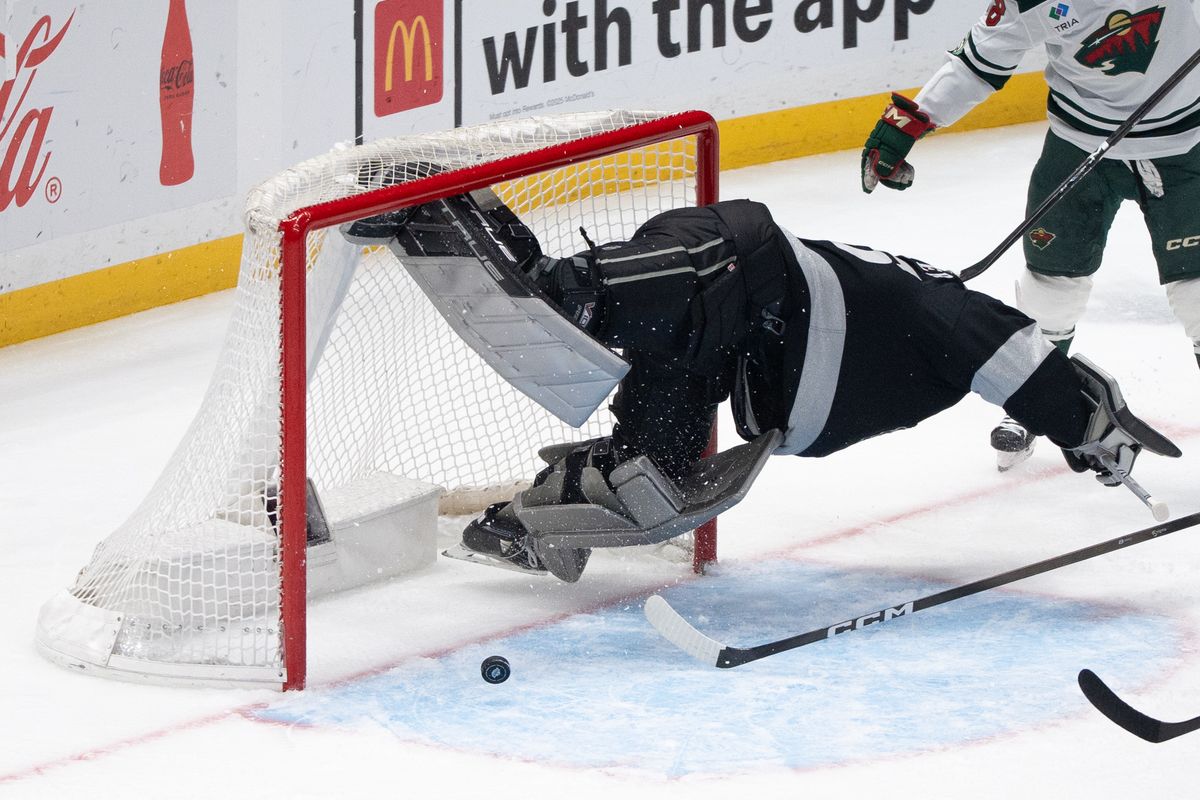 Los Angeles Kings Goalie Darcy Kuemper (35) gets flipped in the trying to save a goal in a NHL game against the Minnesota Wild at Crypto.com Arena on January 3rd, 2026 in Los Angeles California. Los Angeles Kings Goalie Darcy Kuemper (35) gets flipped in the trying to save a goal in a NHL game against the Minnesota Wild at Crypto.com Arena on January 3rd, 2026 in Los Angeles California.