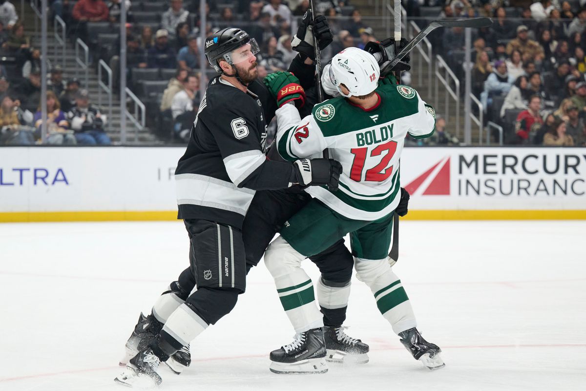 The Los Angeles Kings defender Joel Edmundson (6) plays defense against the Minnesota Wild at the Crypto Arena on January 5th, 2026 in Los Angeles California.