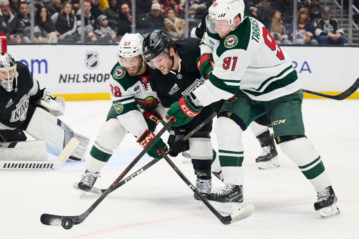 The Los Angeles Kings right wing Alex Laferriere (14) plays defense against the Minnesota Wild at the Crypto Arena on January 5th, 2026 in Los Angeles California.