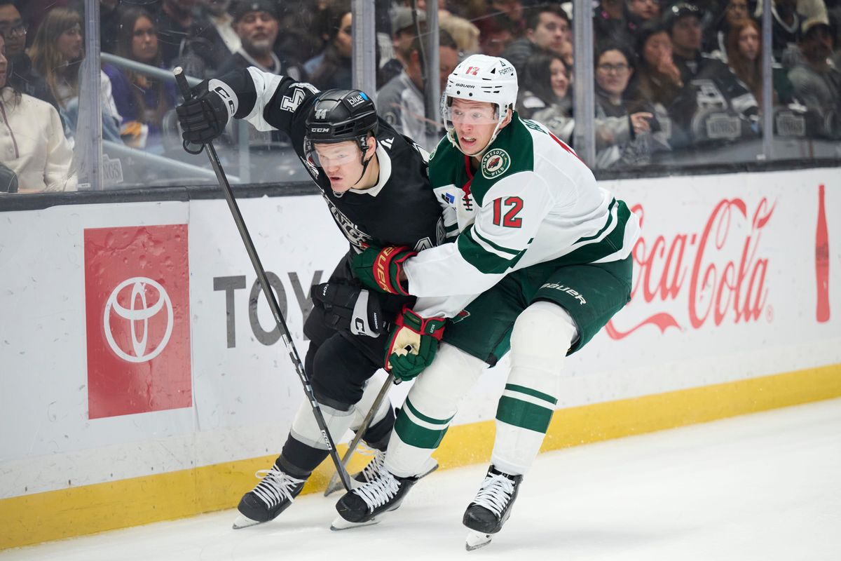 The Los Angeles Kings defender Mikey Anderson (44) plays defense against the Minnesota Wild at the Crypto Arena on January 5th, 2026 in Los Angeles California.